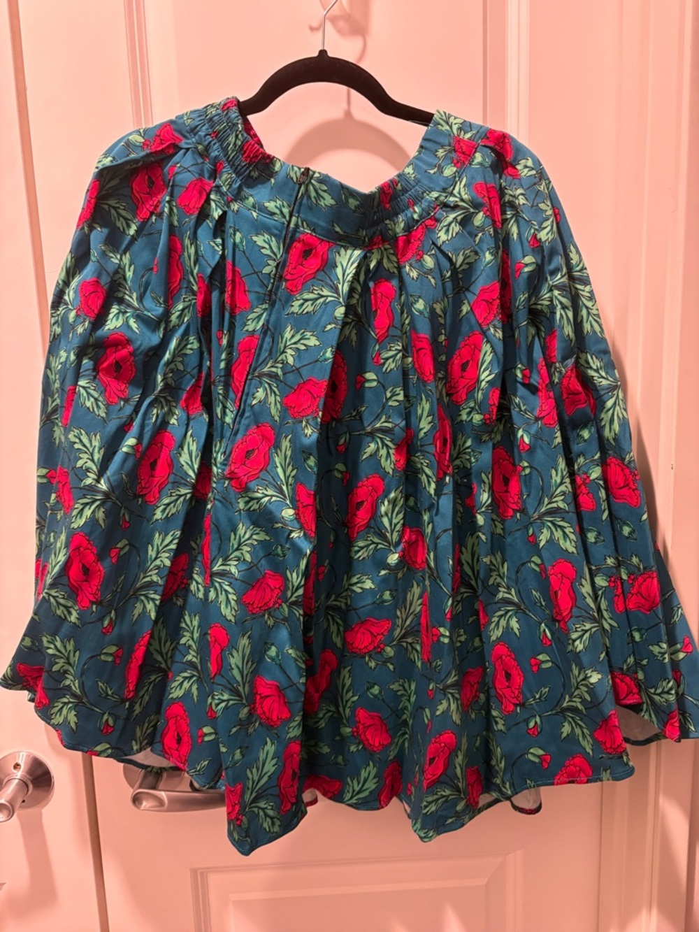 Blue Floral Circle Skirt with Red Poppies